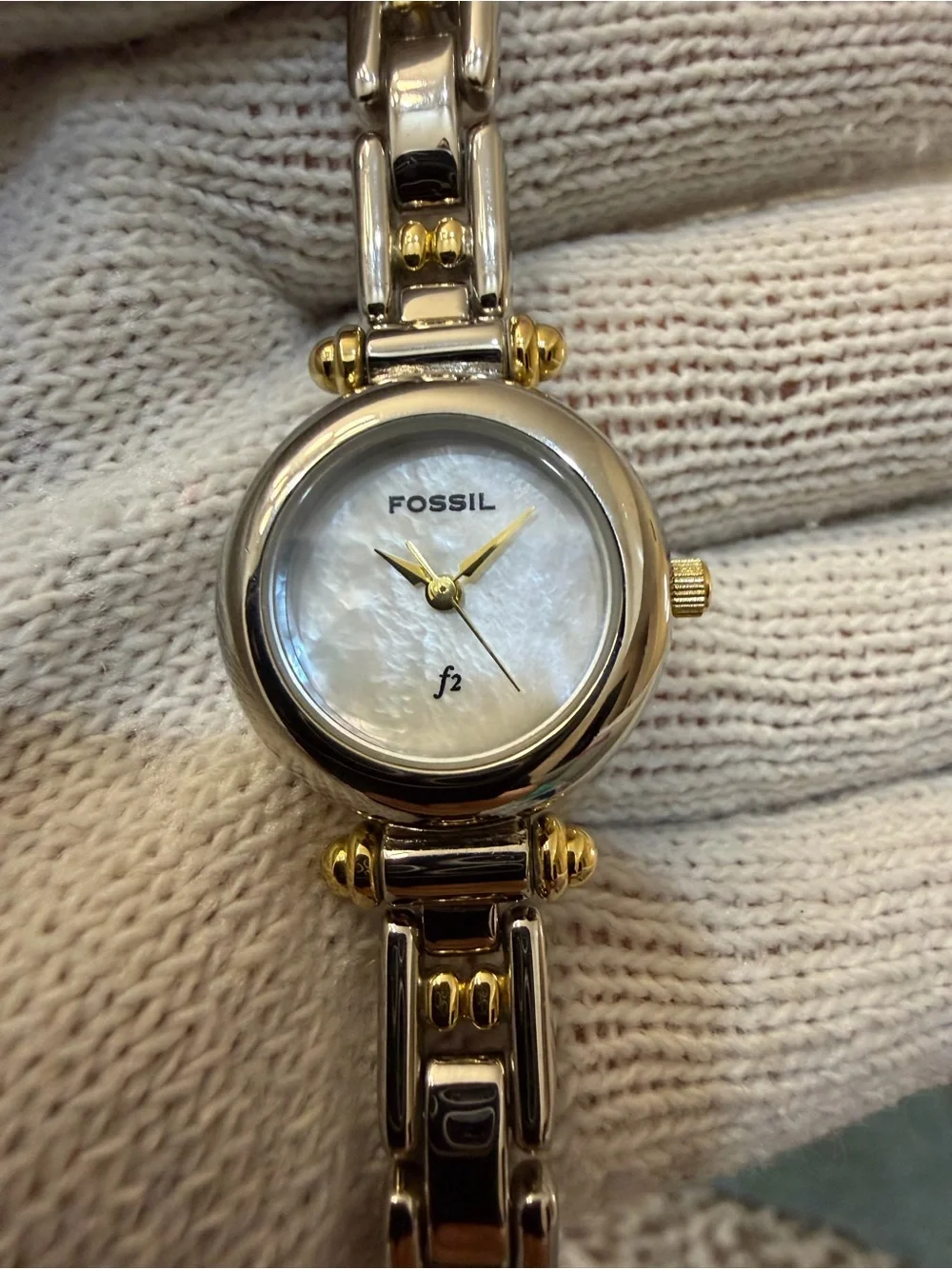 Vintage Fossil F2 Women's Two-Tone Watch Mother of Pearl Dial Link Band ES-8863